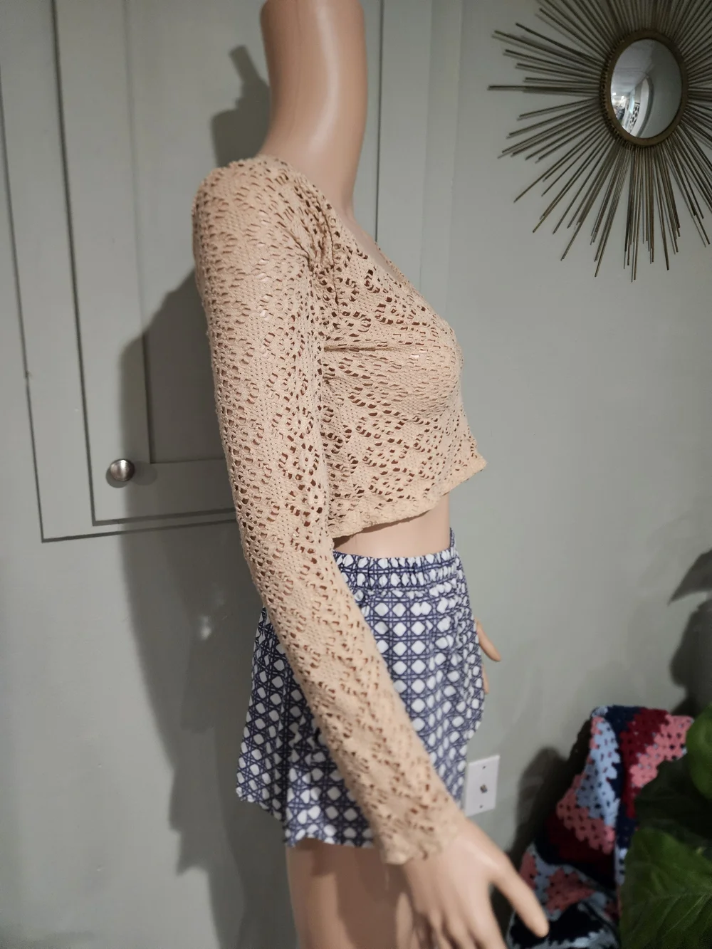 FP Beach Reversible Crochet Knit Long Sleeve Crop Top Beige Size S